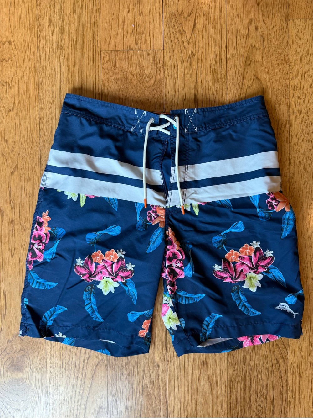 Tommy Bahama Navy Floral Swim Board Shorts with White Stripes